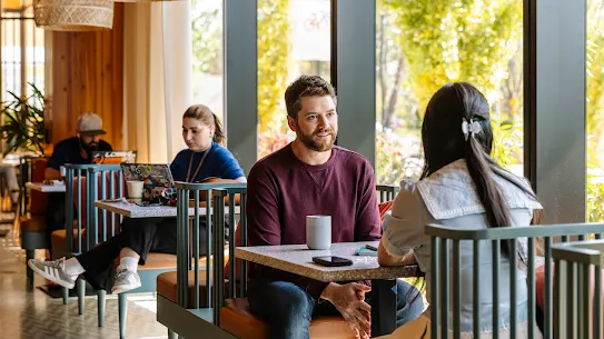 A bearded man in a maroon long-sleeve shirt sits at a small table in a sunlit cafe, engaged in conversation with a woman who is seated across from him with her back to the camera. The cafe features modern, high-backed booths and large windows revealing lush green trees outside. In the background, other patrons are seated at separate tables working on laptops, creating a warm and collaborative atmosphere.
