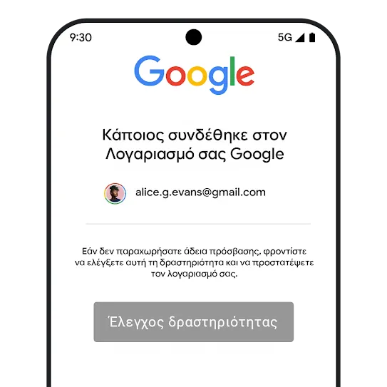 Γραφικό ασφάλειας λογαριασμού στο Gmail