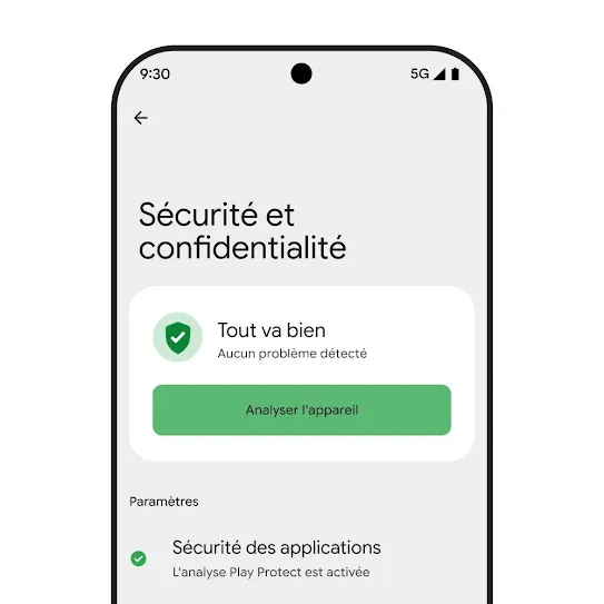 Image d'un écran de smartphone exécutant l'OS Android où les paramètres de sécurité et de confidentialité sont ouverts, affichant les résultats d'une analyse de l'appareil et les paramètres de sécurité des applications.