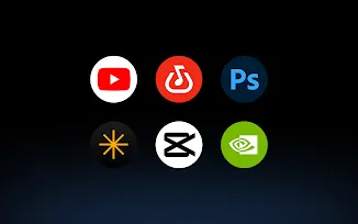 App icons including YouTube, BandLab, Adobe Photoshop, Luminar, CapCut, and NVIDIA.