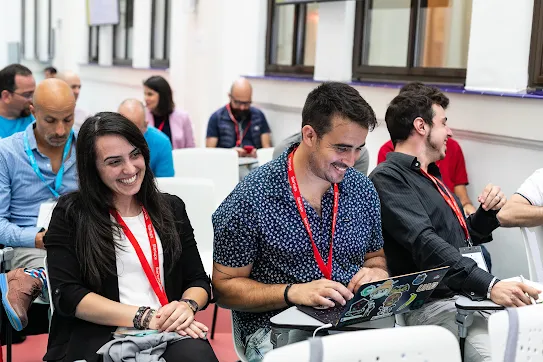 Startup team in training room.
