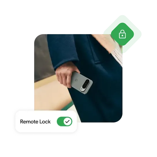 Remote lock feature is displayed with a person on the move holding a mobile device.