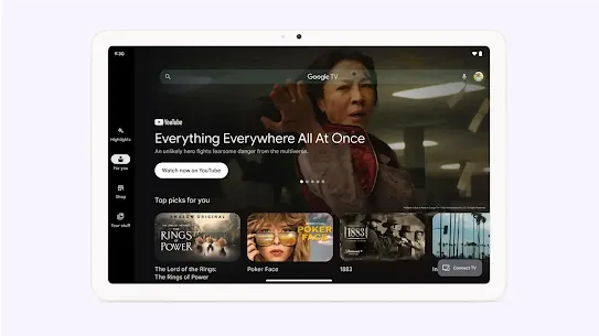 A tablet screen displaying the Google TV homepage, with top picks of shows, movies and YouTube videos.