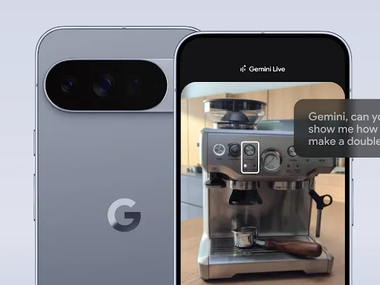 Vorder- und Rückansicht eines Google Pixel 10 in der Farbe Moonstone. Auf dem Display ist eine Espressomaschine zu sehen. Dies ist ein Beispiel dafür, wie die neueste Funktion von Gemini Live funktioniert. Die Informationen, die du brauchst, werden dabei direkt auf dem Display hervorgehoben.