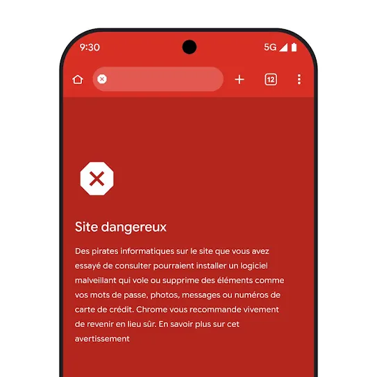 Image de l'écran d'un téléphone intelligent utilisant le navigateur Chrome, montrant une alerte concernant un site dangereux, y compris les prochaines étapes recommandées et un lien pour en savoir plus sur cet avertissement. 