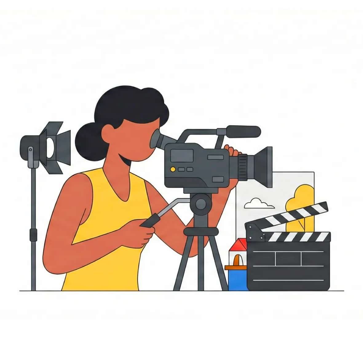 Illustration of a cinematographer filming with a professional video camera mounted on a tripod