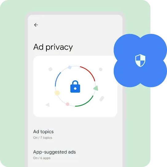 An outline of an Android phone with animated lock, follow by a list of ads that have been prevented on getting user data.