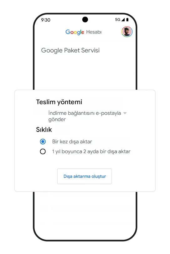 Veri taşınabilirliği seçeneklerini içeren kullanıcı arayüzünün göründüğü telefon grafiği