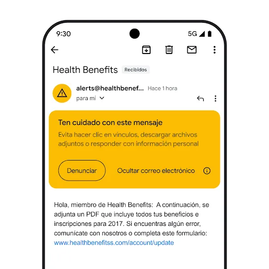 Imagen de un correo electrónico en Gmail en la pantalla de un smartphone, en la que se muestra una alerta de seguridad por un posible intento de phishing.