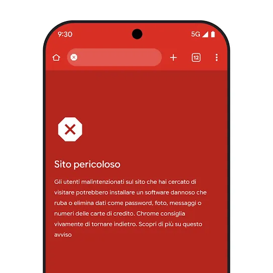 Immagine dello schermo di uno smartphone che utilizza il browser Chrome. Mostra un avviso relativo a un sito pericoloso, inclusi i passaggi successivi consigliati e un link per saperne di più su questo avviso. 