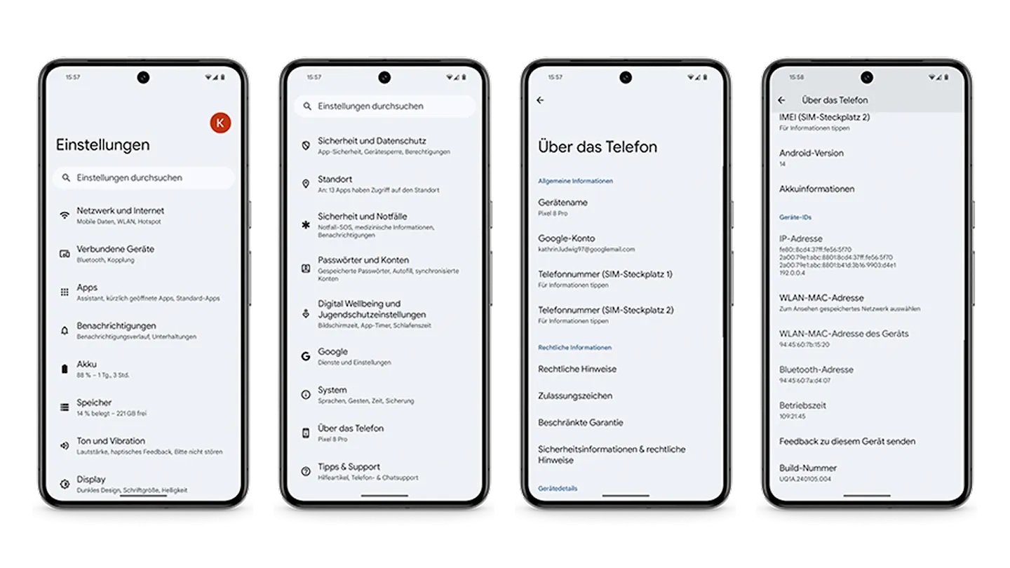 Mehrere Screenshots eines Smartphones zeigen, wie du die Android Version in Einstellungen findest.
