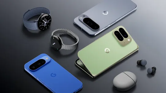 A collection of Pixel products, including three phones, two Pixel watches and a pair of Pixel buds with their case.