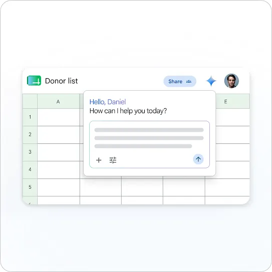 A product user interface mockup of a spreadsheet workspace. In the background, a Google Sheets spreadsheet is titled "Donor list." An AI chat window pop-up is overlaid in the foreground, reading "Hello, Daniel. How can I help you today?" with horizontal placeholder text lines and an up-arrow button inside the prompt field.