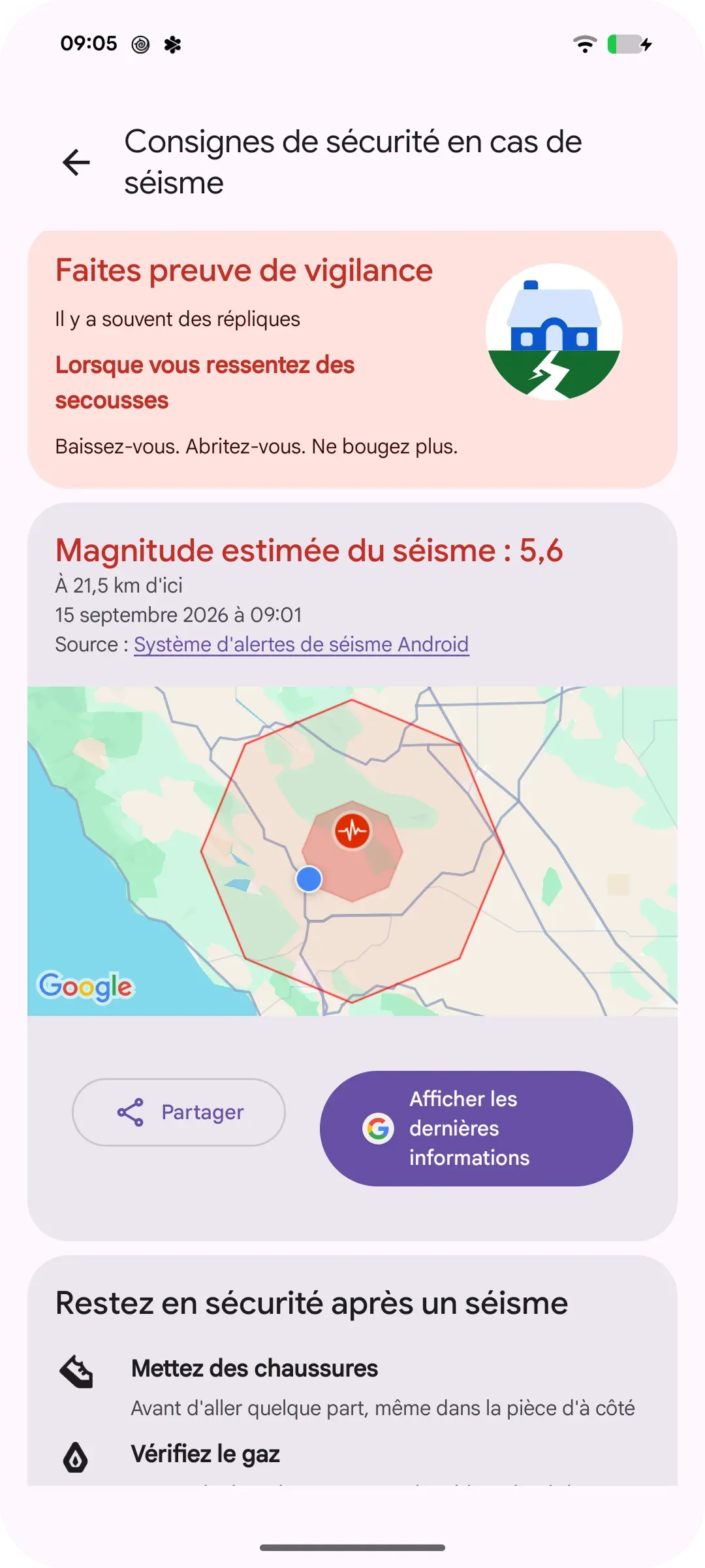 Image de l'interface utilisateur d'un téléphone affichant des informations de sécurité à utiliser en cas d'urgence après un séisme. Par exemple trouver des chaussures, vérifier l'absence de fuite de gaz et éviter les bâtiments endommagés. 