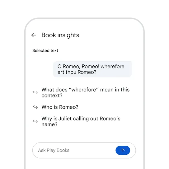 Tapping "Catch me up" to generate a recap of Romeo and Juliet in Google Play Books on an Android phone.