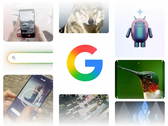 ตารางกริดรูปภาพที่มีโลโก้ Google อยู่ตรงกลาง, หมาป่าที่มีวงกลมและเพชร AI อยู่ด้านบน,แถบ Google Search และอื่นๆ