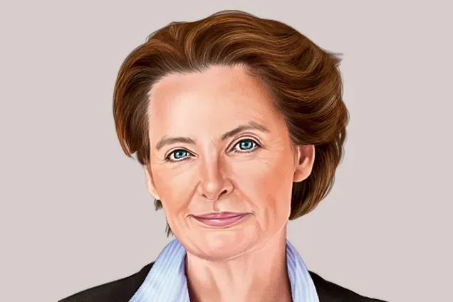 A digital illustration of Amaryllis Verhoeven, Head of Unit for Digital Transformation of Industry at the European Commission (DG GROW). She is depicted with short auburn hair and blue eyes, wearing a black blazer and a light blue striped shirt.