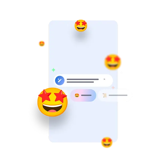 Various star-face emojis float around an outline of a phone to show how Magic Compose works.
