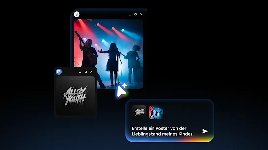 Glowing cursor selecting a concert photo and band logo, with typed AI prompt; “Combine these images to make a band poster for my kid.”