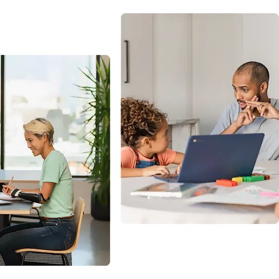 Collage of three photographs: A man with a visual disability holds an Android phone up to a soda can, a person with short blonde hair and a prosthetic arm sits at a table writing, a young girl with curly hair sits behind a Chromebook laptop next to a man showing her sign language hand gestures