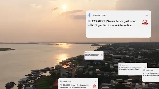 Photo of a waterside city with flood alerts on top