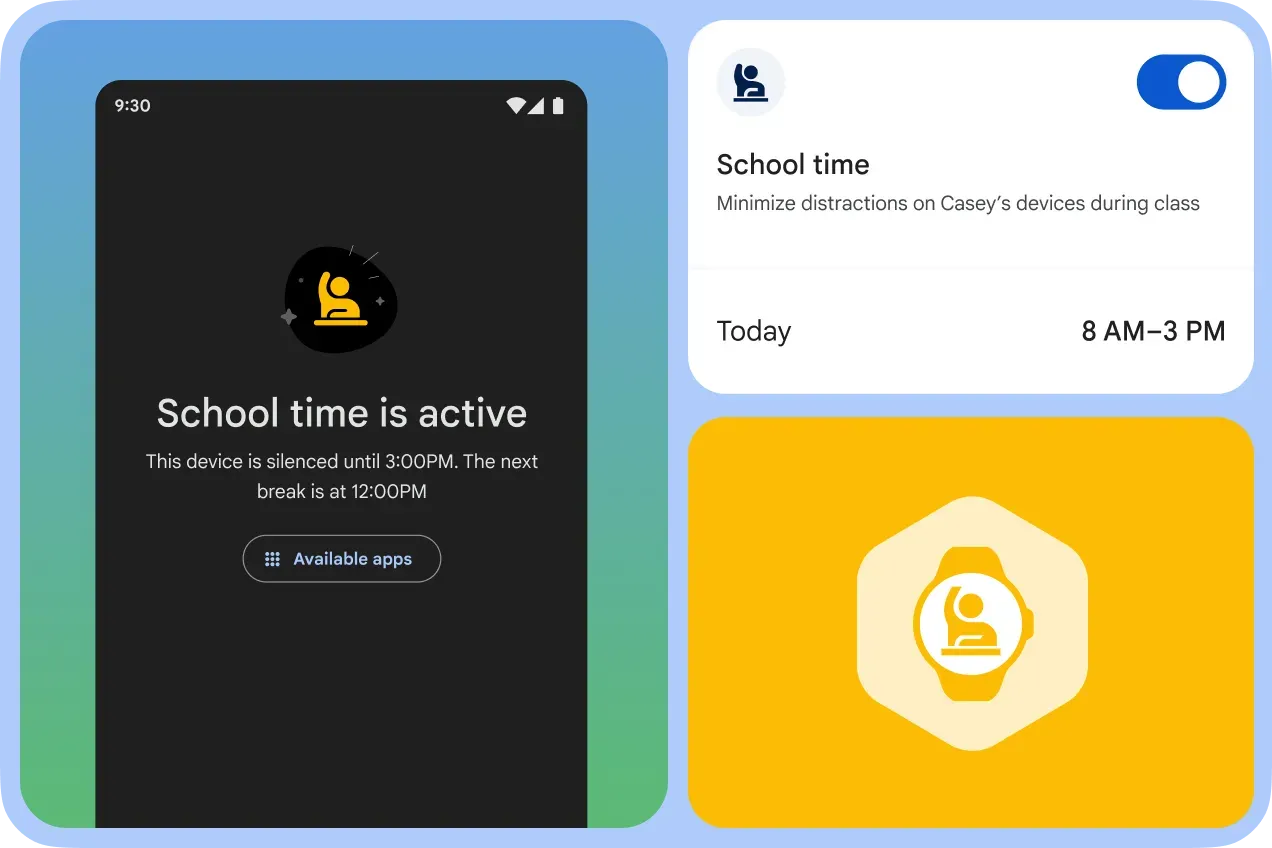 A UI graphic showcasing the "School time" feature for youth safety. On the left, a smartphone screen displays "School time is active," indicating the device is silenced until 3:00 PM. On the top right, a settings card shows the toggle for "School time" enabled for Today from 8 AM to 3 PM. The bottom right features a smartwatch icon with the same "raised hand" school mode symbol.
