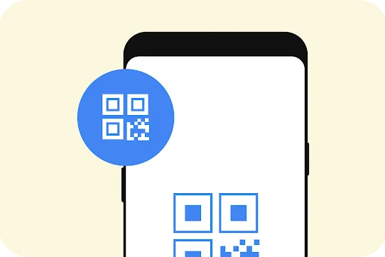 A simplified illustration of a smartphone screen scanning a blue QR code. A circular blue icon containing a white QR code floats to the left of the phone.