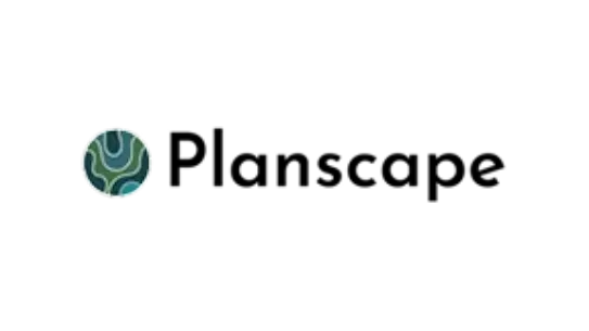 Official Planscape logo featuring a circular icon with organic green and teal topographical lines next to bold black typography.