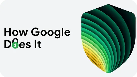 A horizontal banner with the "Google Cloud" logo and large text that reads "How Google Does It," with a green padlock integrated into the word "Does." On the right, a large stylized shield is made of layered green and yellow curved lines.