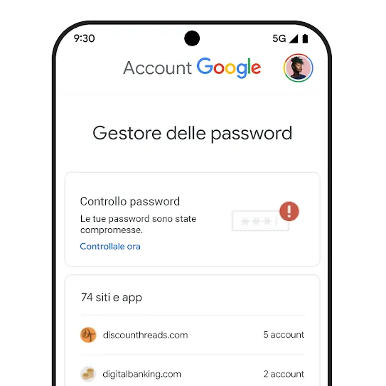 Immagine di uno smartphone con l'UI di Controllo password.