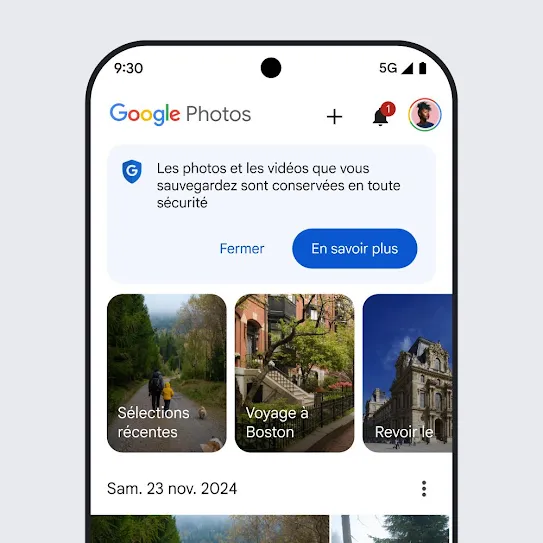 Une image de l'écran d'un téléphone intelligent avec Google Photos ouvert, affichant un message de sécurité indiquant « Les photos et les vidéos que vous sauvegardez sont conservées en toute sécurité » avec un lien pour en savoir plus.