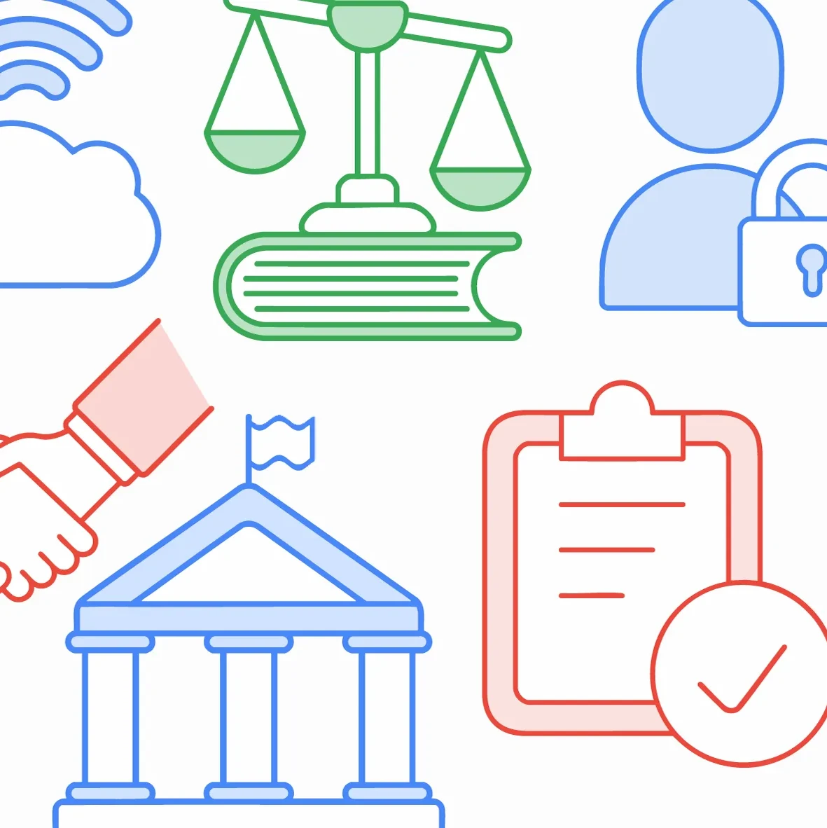 Colorful outline with concept icons including hands shaking, a check list, a lock, scales.