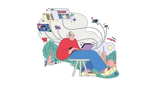 A colorful, flat-style illustration showing a person sitting on a stool using a laptop with headphones. They are surrounded by floating digital windows and data modules connected by lines. The background blends a natural park setting with a stylized city skyline, representing the integration of AI across different environments.