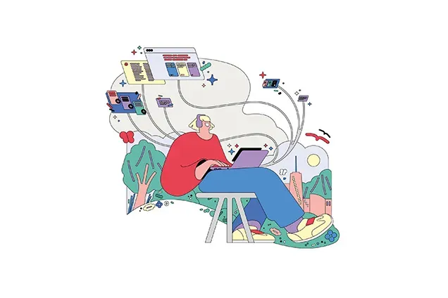 A colorful, flat-style illustration showing a person sitting on a stool using a laptop with headphones. They are surrounded by floating digital windows and data modules connected by lines. The background blends a natural park setting with a stylized city skyline, representing the integration of AI across different environments.