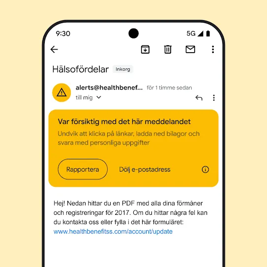 Bild som visar ett e-postmeddelande i Gmail på en smartphone-skärm med en säkerhetsvarning om ett potentiellt nätfiskeförsök.