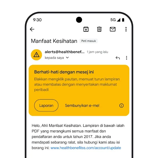 Visual e-mel dalam Gmail pada skrin telefon pintar, menunjukkan makluman keselamatan tentang kemungkinan percubaan pancingan data.