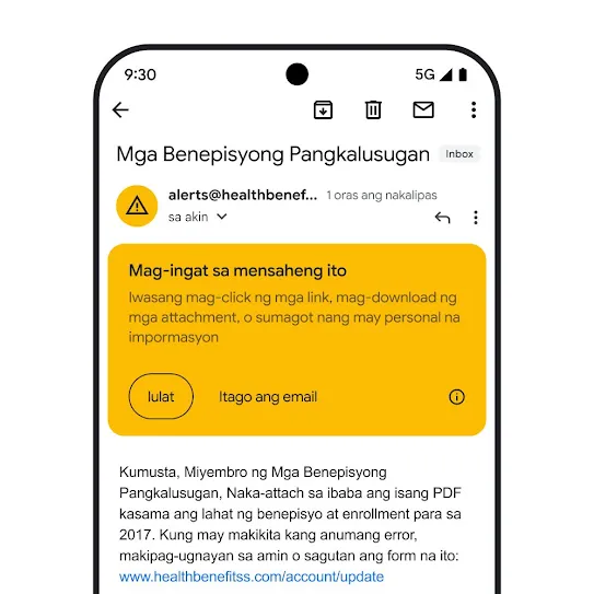 Visual ng isang email sa Gmail sa screen ng smartphone, na nagpapakita ng alertong panseguridad para sa isang potensyal na pagtatangka sa phishing.