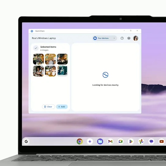 Một đoạn video ngắn cho thấy một chiếc điện thoại Android hiện ra trước màn hình máy tính xách tay để chuẩn bị nhận tệp. Trang Chia sẻ nhanh trên máy tính xách tay hiển thị điện thoại Android đang ở gần. 