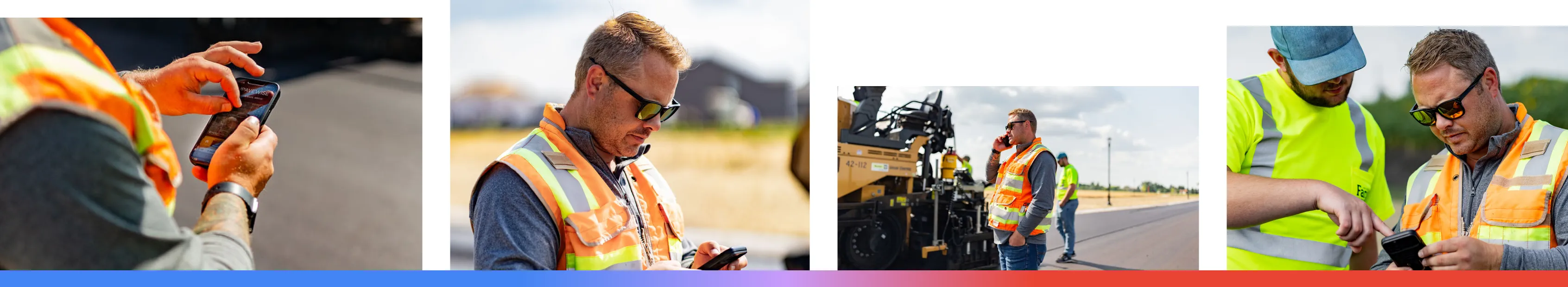 A composite of four images featuring Pavewise in Bismarck, North Dakota, showing the use of their web-based paving software on-site, founder Bryce Wuori managing operations, heavy road construction equipment, and team members using Google’s weather and location data to optimize asphalt paving productivity and quality.