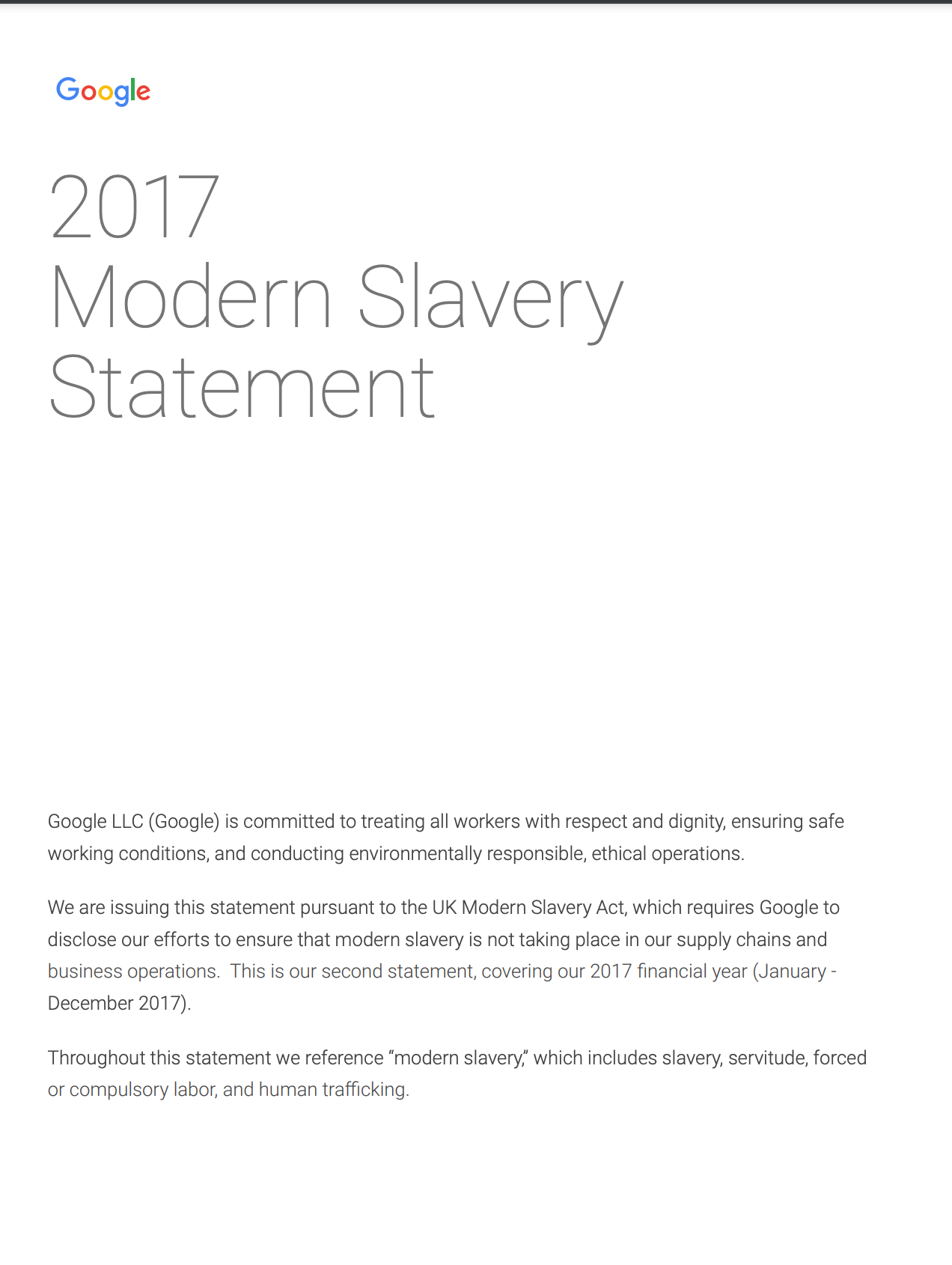 Cover image of the 2017 Statement Against Modern Slavery
