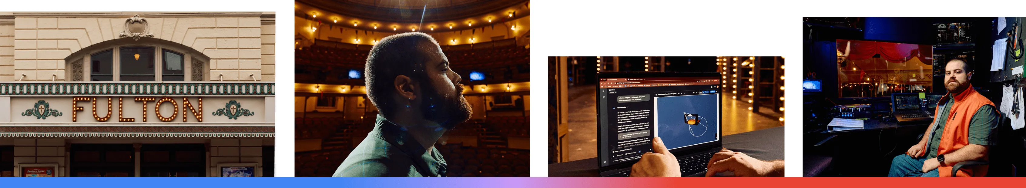 A composite of four images featuring the Fulton Theatre in Lancaster, Pennsylvania, showing its historic marquee, a view from the stage into the ornate auditorium, the use of Google’s AI tools to simulate complex stage lighting, and a technical director working at the backstage control console.