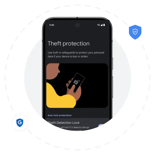 An Android screen shows a page for Android Theft Protection. Behind the phone is a grey solid circle and a dashed circle right outside it. Two blue icons are scattered around the dashed circle. One is a shield with a white Google icon and the other is a shield with a white check in the middle.