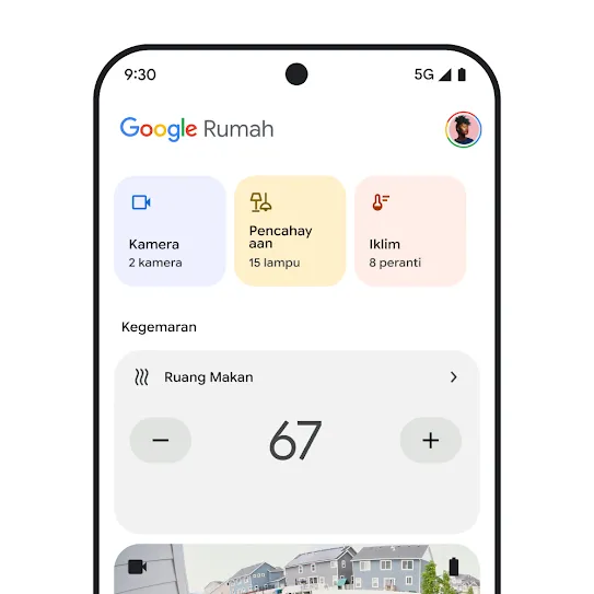 Visual skrin telefon pintar dengan Google Home dibuka, memaparkan papan pemuka dengan maklumat sekilas pandang tentang kamera keselamatan, pencahayaan dan iklim. 