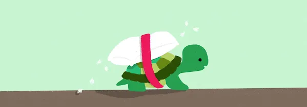Whimsical illustration of a green turtle walking with a white pillow strapped to its shell using a pink band.