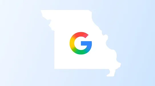 A multicolored Google 'G' logo centered inside a white silhouette outline of the state of Missouri, set against a soft light blue gradient background.
