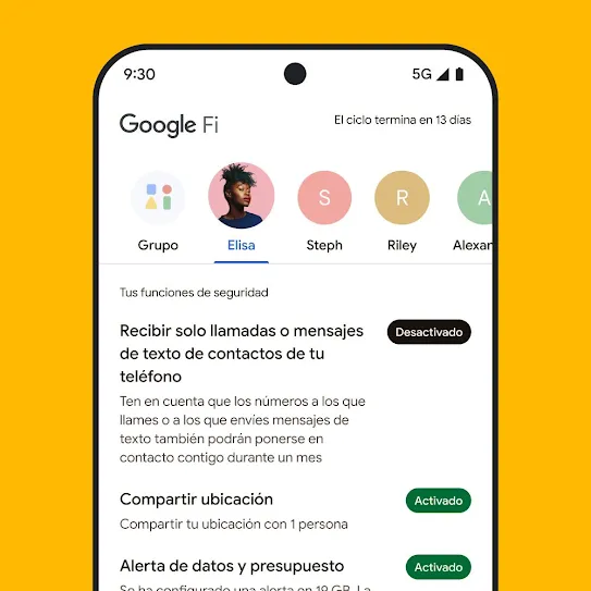Imagen de la pantalla de un smartphone con Google Fi Wireless abierto, en la que se muestra una fila de contactos en la parte superior y, debajo, una lista de funciones de seguridad, como compartir ubicación y alertas de datos.