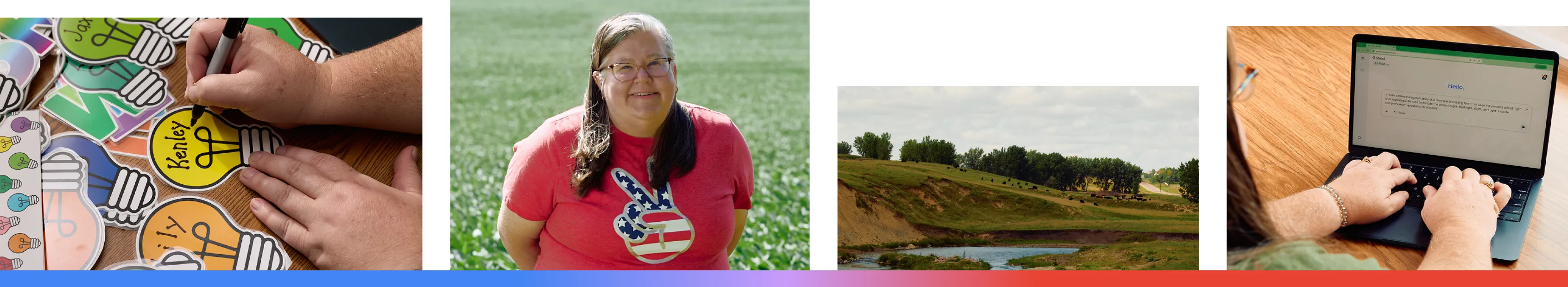 A composite of four images featuring Monica, a teacher in rural Minnesota, showing her preparing personalized classroom materials, a professional portrait in a rural setting, the local landscape of her community, and Monica using Google Gemini to save time by generating creative educational content and reading prompts for her students.