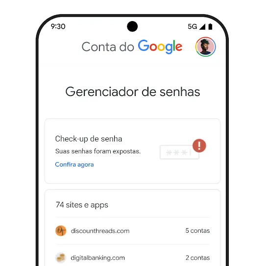 Imagem da tela de um smartphone mostrando um Check-up de Senha abaixo do título do Gerenciador de Senhas