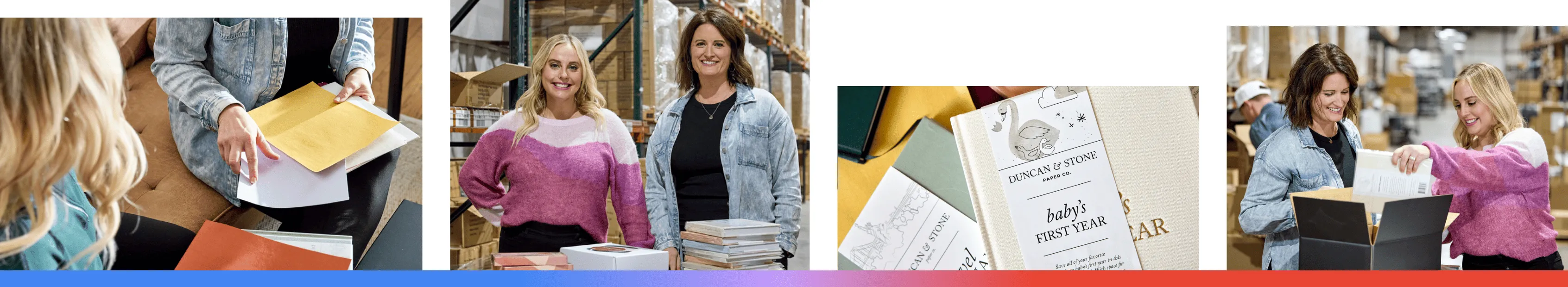 A composite of four images featuring Duncan & Stone Paper Co. in Arkansas, showing the co-founders selecting high-quality materials, a professional portrait in their warehouse, a close-up of their signature "baby's FIRST YEAR" keepsake journal, and the team preparing orders for shipment to help families preserve their most meaningful memories.