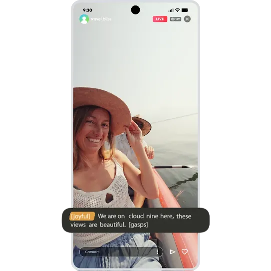 Watching a live stream on social media and seeing the emotion ‘joyful’ captured within the expressive caption on an Android phone.